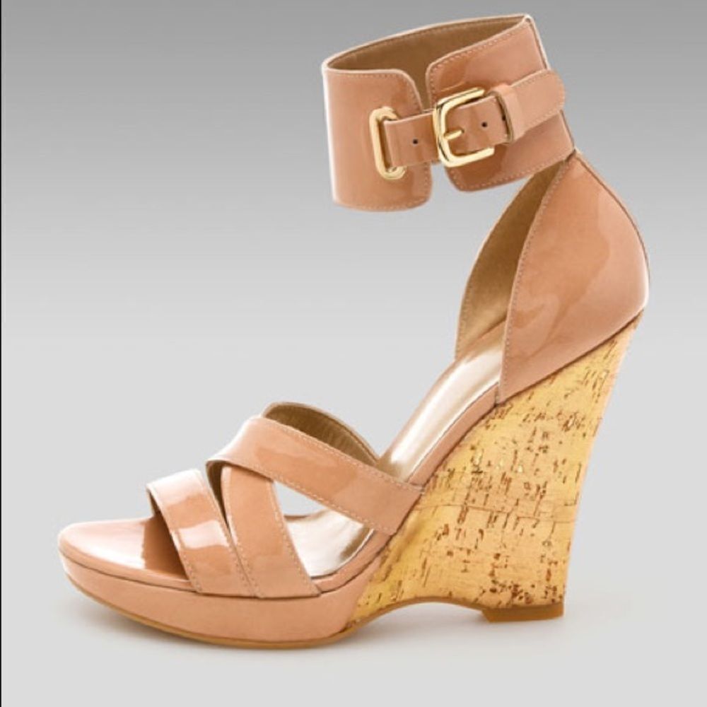 Stuart Weitzman Ankle-Cuff Tan Cork Wedge Sandal Size 7 - Picture 1 of 16